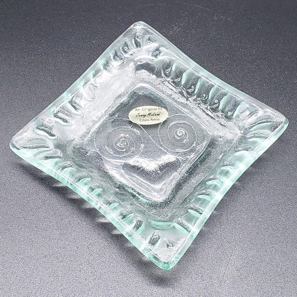 Jenny McLeod Clear Green Hue Square  Scroll Fused Art Glass Trinket Dish - Picture 1 of 14